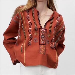 Zara Rust Red Paisley Floral Aztec Embroidered Long Sleeve Split Neck Top Size S